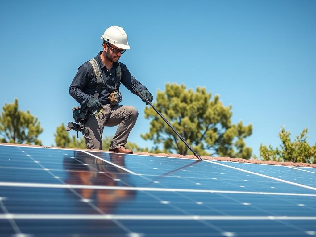 A technician cleaning solar panels on a residential rooftop during